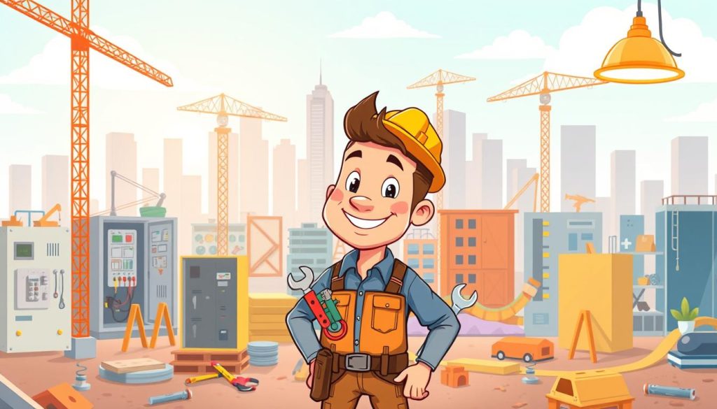 A vibrant, colorful scene depicting the path to financial success for a skilled electrician. In the foreground, a cartoon character with a warm, friendly expression stands amidst a bustling construction site, tools in hand, ready to take on the day's work. The middle ground showcases various electrical tasks, from wiring a control panel to installing a ceiling light fixture, all rendered in a clean, technical style. The background features a skyline of modern buildings, symbolizing the opportunities for growth and prosperity in the electrician's profession. The lighting is soft and directional, creating a sense of focus and purpose. The overall atmosphere conveys a sense of optimism, professionalism, and the potential for financial stability through dedicated, skilled work. A vibrant, colorful scene depicting the path to financial success for a skilled electrician. In the foreground, a cartoon character with a warm, friendly expression stands amidst a bustling construction site, tools in hand, ready to take on the day's work. The middle ground showcases various electrical tasks, from wiring a control panel to installing a ceiling light fixture, all rendered in a clean, technical style. The background features a skyline of modern buildings, symbolizing the opportunities for growth and prosperity in the electrician's profession. The lighting is soft and directional, creating a sense of focus and purpose. The overall atmosphere conveys a sense of optimism, professionalism, and the potential for financial stability through dedicated, skilled work.
