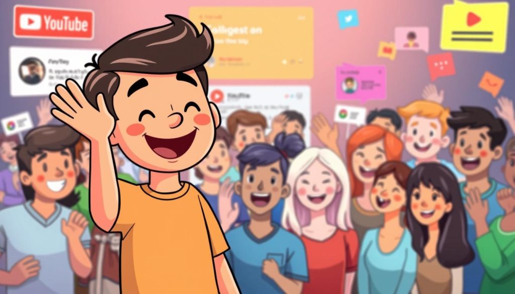 A vibrant, colorful scene showcasing a friendly, welcoming YouTube content creator engaging with their enthusiastic audience. In the foreground, the content creator, depicted as a warm, approachable cartoon character, smiles and waves at a crowd of equally cheerful, diverse followers. The middle ground features the followers, represented as a lively, animated group, actively commenting, sharing, and reacting to the creator's content. In the background, a stylized, dynamic social media interface provides a dynamic, immersive setting, with colorful icons, notifications, and engagement metrics highlighting the vibrant connection between the creator and their community. The overall mood is one of positivity, collaboration, and a genuine sense of community, capturing the essence of effectively engaging with one's YouTube followers.
