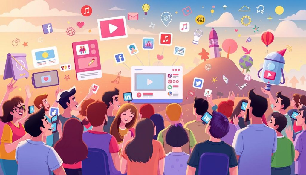 A vibrant digital illustration depicting a playful and engaging scene showcasing various strategies for audience attraction and viewer engagement. In the foreground, a colorful cast of animated characters enthusiastically interacts with a diverse audience, capturing their attention through captivating visuals, interactive experiences, and personalized content. The middle ground features a stylized representation of social media platforms, video thumbnails, and audience analytics, highlighting the tools and techniques used to connect with viewers. The background depicts a dynamic, whimsical landscape with inspiring icons and symbols, conveying the creative and innovative nature of the content creation process. The overall scene is bathed in a warm, inviting color palette, with soft lighting and a sense of movement, emphasizing the energy and engagement of the subject matter.