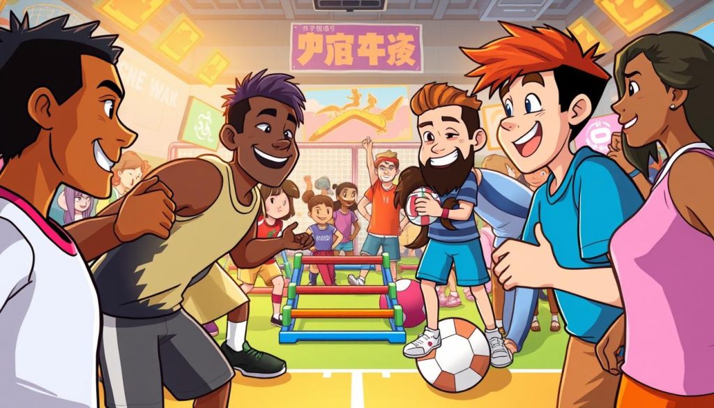 A vibrant, dynamic scene of a group of diverse athletes engaged in a playful, interactive challenge. The foreground features two characters - a professional athlete and an enthusiastic fan - facing off in a lighthearted competition, with expressions of determination and joy. The middle ground showcases a variety of sports equipment, obstacles, and interactive props that invite participation. The background is a colorful, stylized environment with elements of play and entertainment, creating an atmosphere of camaraderie and shared excitement. The lighting is warm and inviting, enhancing the sense of energy and interaction. The overall style is a whimsical, cartoon-inspired aesthetic that captures the spirit of the "增加互动和娱乐性" section.