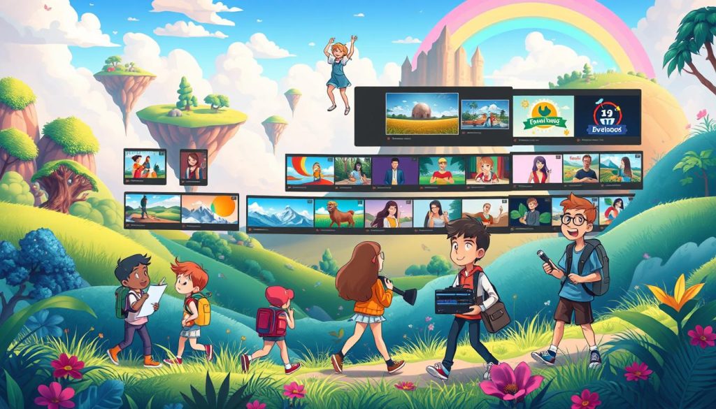 A vibrant, dynamic scene showcasing a variety of engaging video topics. In the foreground, a group of animated characters explore a lush, colorful landscape, each immersed in a distinct activity - one sketching a landscape, another filming a travel vlog, and a third tinkering with video editing software. The midground features a diverse range of video thumbnails, representing the breadth of captivating content, from outdoor adventures to cooking tutorials. The background is a whimsical, dreamlike environment, with floating islands, rainbow-hued clouds, and a sense of boundless creativity. The overall mood is one of excitement, inspiration, and the endless possibilities of creating engaging video content. Bright, saturated colors, a playful, cartoonish style, and dynamic camera angles come together to capture the spirit of "موضوعات ویدیویی جذاب".