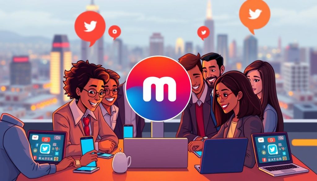 A vibrant, dynamic social media marketing scene with a central focus on the branded logo. In the foreground, a diverse group of professionals collaboratively strategize, their animated expressions conveying the energy of social media engagement. The middle ground showcases various digital devices, screens displaying social media platforms, reflecting the integrated, tech-savvy nature of modern marketing. In the background, a blurred cityscape provides a contextual backdrop, hinting at the global reach and scale of these online networks. Warm, diffused lighting emphasizes the collaborative, forward-thinking atmosphere, while a wide-angle lens captures the full scope of this interconnected marketing ecosystem.