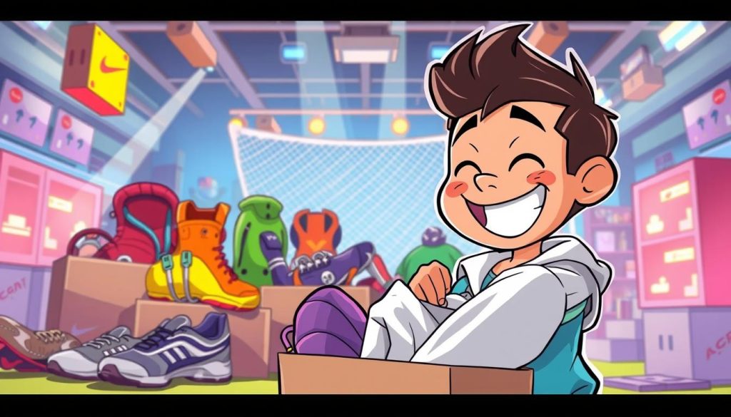 A vibrant, engaging unboxing scene showcasing the allure of sports equipment. In the foreground, a dynamic character enthusiastically unwraps a new piece of gear, their expression brimming with excitement. The middle ground features an array of colorful, high-quality sports items, each beckoning to be discovered. The background depicts a stylized, energetic environment, with dynamic lighting and a sense of anticipation. The overall mood is playful, inviting, and captures the inherent charm of the unboxing experience. Rendered in a whimsical, cartoon-inspired style to amplify the sense of wonder and delight. A vibrant, engaging unboxing scene showcasing the allure of sports equipment. In the foreground, a dynamic character enthusiastically unwraps a new piece of gear, their expression brimming with excitement. The middle ground features an array of colorful, high-quality sports items, each beckoning to be discovered. The background depicts a stylized, energetic environment, with dynamic lighting and a sense of anticipation. The overall mood is playful, inviting, and captures the inherent charm of the unboxing experience. Rendered in a whimsical, cartoon-inspired style to amplify the sense of wonder and delight.