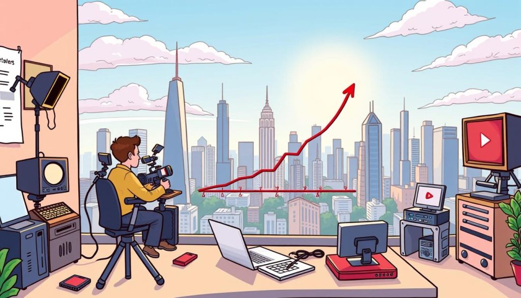 A vibrant, hand-drawn cartoon illustration depicting the key factors for earning income through a successful YouTube channel. In the foreground, a content creator sits at a desk, surrounded by video production equipment, a laptop, and various digital devices. In the middle ground, a graph shows the steady growth of the channel's subscriber count and revenue. In the background, a cityscape with towering skyscrapers and a bright, sunlit sky symbolizes the potential for financial success. The overall scene conveys an atmosphere of creativity, dedication, and the promise of lucrative opportunities for those who navigate the dynamic world of YouTube content creation.