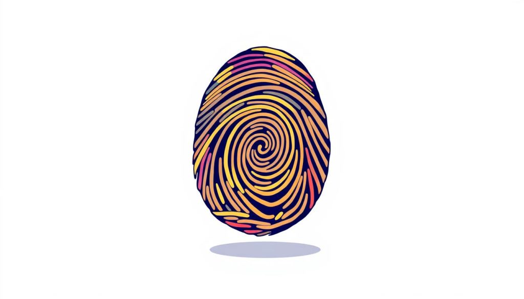 A vibrant, hand-drawn cartoon illustration of an attractive, digitally-rendered fingerprint against a clean, minimalist background. The fingerprint should be the focal point, rendered in eye-catching detail with subtle variations in tone and texture. The lighting should be soft and natural, creating a sense of depth and dimension. The overall aesthetic should be modern, stylish, and visually appealing, evoking a sense of creativity and innovation. The composition should be well-balanced, with the fingerprint positioned to draw the viewer's attention. The color palette should be limited but impactful, using a harmonious blend of hues that complement the subject matter.