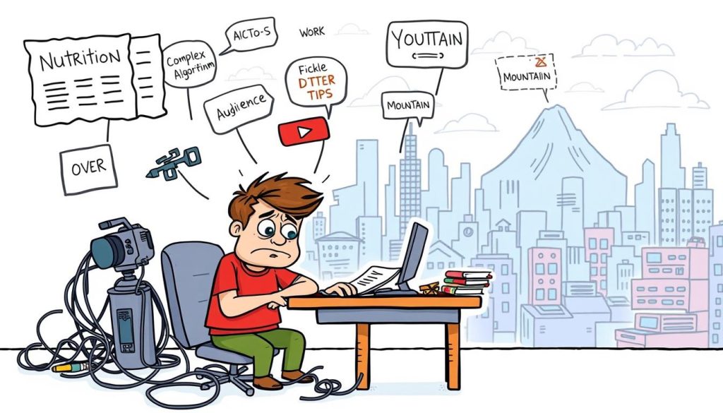 A vibrant, hand-drawn cartoon illustration showcasing the potential challenges faced by a YouTube content creator focused on nutrition and diet tips for individuals over 40. The foreground depicts a determined, slightly frustrated YouTuber sitting at a desk, surrounded by a jumble of tangled cables, a malfunctioning camera, and a stack of notes. In the middle ground, various obstacles loom, such as a complex algorithm, a fickle audience, and a mountain of video editing work. The background features a stylized cityscape, hinting at the competitive and ever-changing landscape of the YouTube platform. The overall mood conveys the determination and resilience required to overcome the unique hurdles of building a successful, niche-focused YouTube channel in the health and wellness space.