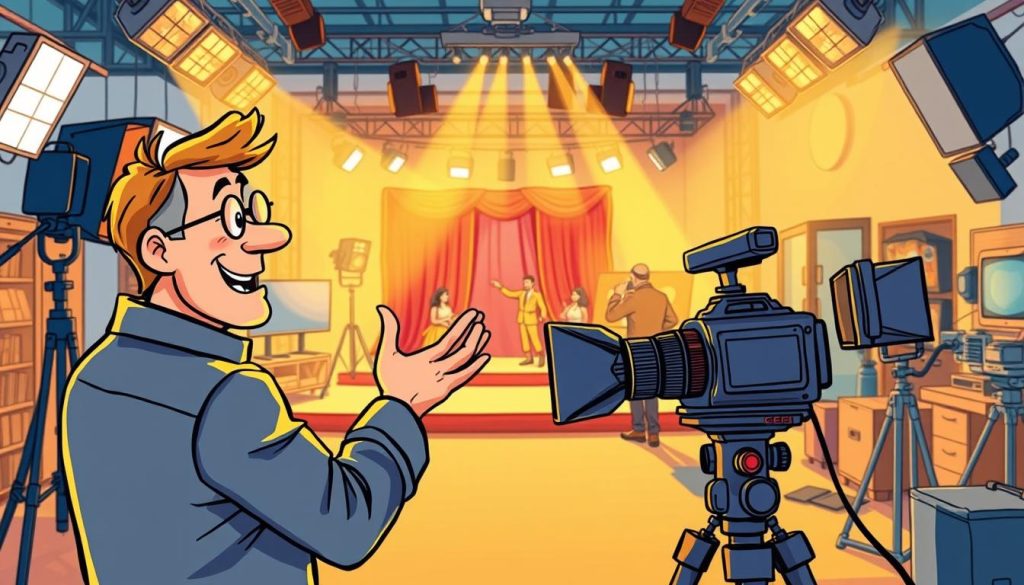 A vibrant, hand-drawn cartoon scene depicting a video production setup. In the foreground, a director gestures animatedly, guiding a camera operator filming a central action. In the middle ground, actors perform against a colorful backdrop, while lighting rigs and production equipment surround them. The background features a bustling film studio, with various sets, props, and crew members working diligently. The overall atmosphere conveys a sense of creative energy, collaboration, and cinematic storytelling. Warm, saturated colors and expressive character poses bring the video production process to life.