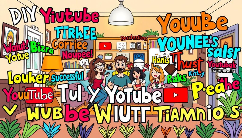 A vibrant, hand-drawn cartoon scene showcasing a collection of eye-catching YouTube video titles and thumbnails. In the foreground, a diverse array of whimsical, brightly colored titles and thumbnails float playfully, each with its own unique style and appeal. The middle ground features a lively, dynamic composition of successful YouTubers presenting their creative projects, their expressions and poses conveying a sense of enthusiasm and engagement. In the background, a cozy, inviting home interior sets the stage, hinting at the DIY home renovation and remodeling content. The lighting is warm and soft, creating a welcoming, approachable atmosphere to draw in the viewer's attention and pique their interest in the YouTube channel's content. A vibrant, hand-drawn cartoon scene showcasing a collection of eye-catching YouTube video titles and thumbnails. In the foreground, a diverse array of whimsical, brightly colored titles and thumbnails float playfully, each with its own unique style and appeal. The middle ground features a lively, dynamic composition of successful YouTubers presenting their creative projects, their expressions and poses conveying a sense of enthusiasm and engagement. In the background, a cozy, inviting home interior sets the stage, hinting at the DIY home renovation and remodeling content. The lighting is warm and soft, creating a welcoming, approachable atmosphere to draw in the viewer's attention and pique their interest in the YouTube channel's content.