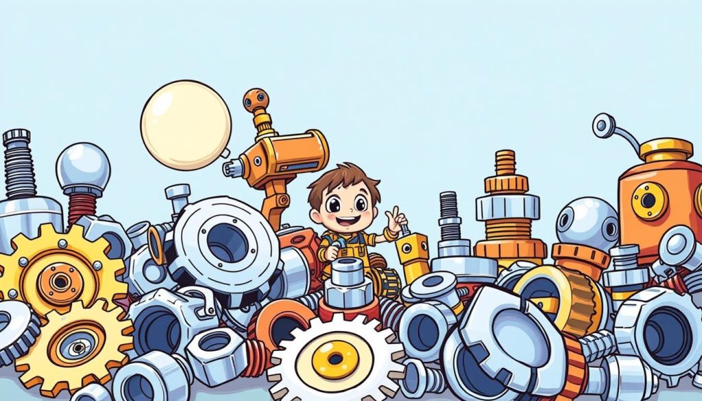 A vibrant, hand-drawn cartoon-style YouTube thumbnail showcasing a variety of metallic, industrial-inspired toys and gadgets. The foreground features an assortment of shiny, reflective metal objects - gears, cogs, nuts, bolts, and other intriguing mechanical components - playfully arranged to capture the viewer's attention. The middle ground includes a whimsical, cartoon-esque character, perhaps a tinkerer or inventor, interacting with the metallic elements. The background maintains a clean, minimalist aesthetic, allowing the focal points to shine. The overall composition should convey a sense of creativity, invention, and the joy of crafting unique, eye-catching YouTube content.