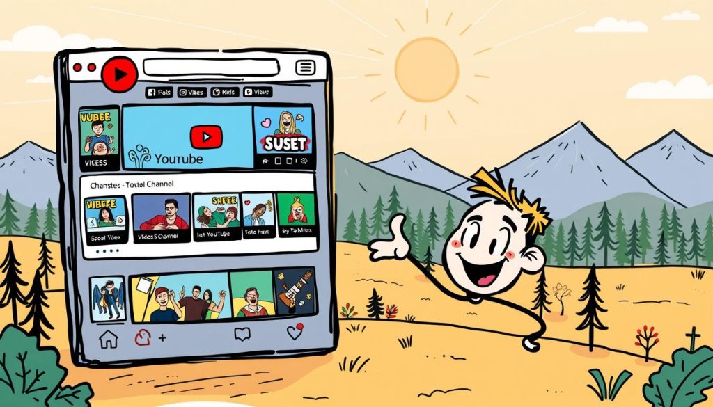 A vibrant, hand-drawn cartoon-style illustration depicting a social media platform interface showcasing a popular YouTube channel's content. In the foreground, a whimsical animated character enthusiastically promotes the channel, gesturing towards a colorful display of thumbnails, views, and subscriber counts. The middle ground features a lively collage of video clips, graphics, and icons, conveying the engaging and diverse nature of the channel's content. The background is a stylized, minimalist landscape with mountains, forests, and a bright, sun-dappled sky, creating a warm, inviting atmosphere. The overall scene should exude a sense of energy, creativity, and the power of social media to amplify a YouTube channel's reach and impact.