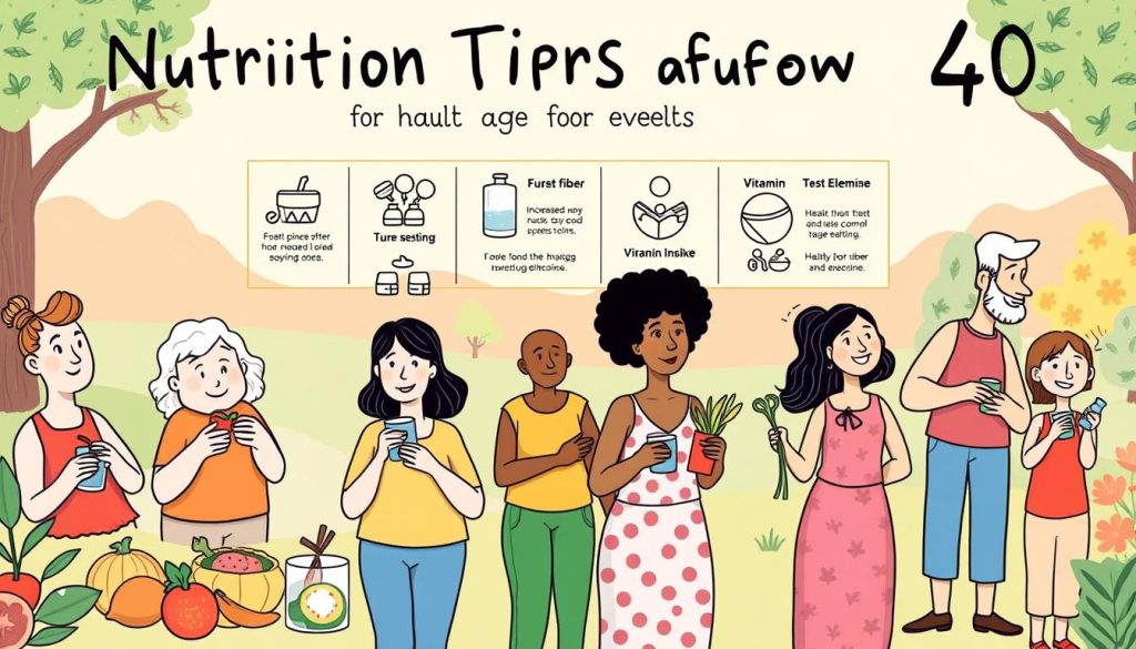 A vibrant, hand-drawn illustration depicting nutrition tips for adults over 40. In the foreground, a group of diverse, animated characters representing different age ranges and body types engage in healthy eating habits - snacking on fruits and vegetables, drinking water, and exercising. In the middle ground, infographic-style icons and illustrations highlight key dietary recommendations, such as increased fiber, protein, and vitamin intake. The background features a warm, pastel-colored landscape with a serene, park-like setting, conveying a sense of balance and well-being. The overall mood is upbeat, informative, and accessible, guiding the viewer towards a healthier lifestyle after reaching the age of 40.
