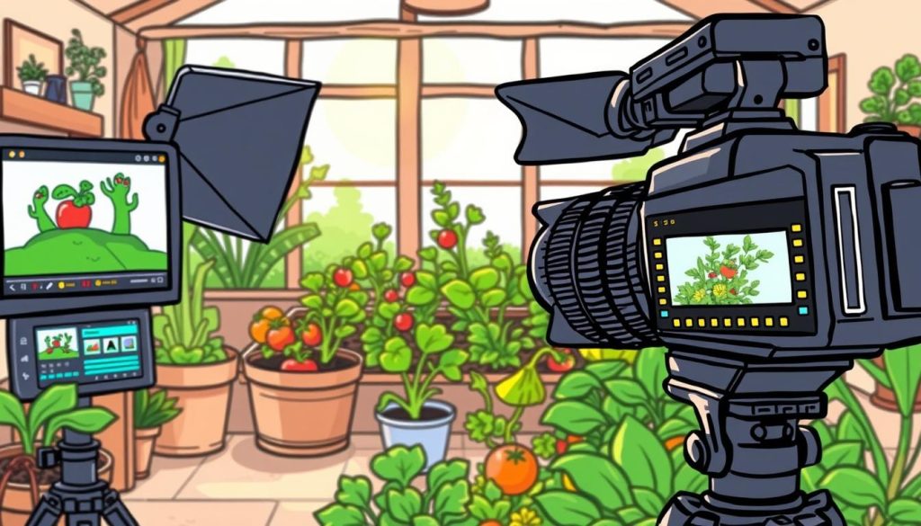 A vibrant, hand-drawn illustration depicting the key elements of high-quality video production for a home gardening YouTube channel. The foreground showcases a professional camera and lighting setup, along with a video editor interface. The middle ground features an indoor garden setting with lush greenery and freshly harvested vegetables. The background depicts a cozy, sun-drenched home environment, hinting at the connection between gardening and video content creation. The overall style is whimsical and engaging, reflecting the joy and passion of the gardening and video production process. A vibrant, hand-drawn illustration depicting the key elements of high-quality video production for a home gardening YouTube channel. The foreground showcases a professional camera and lighting setup, along with a video editor interface. The middle ground features an indoor garden setting with lush greenery and freshly harvested vegetables. The background depicts a cozy, sun-drenched home environment, hinting at the connection between gardening and video content creation. The overall style is whimsical and engaging, reflecting the joy and passion of the gardening and video production process.
