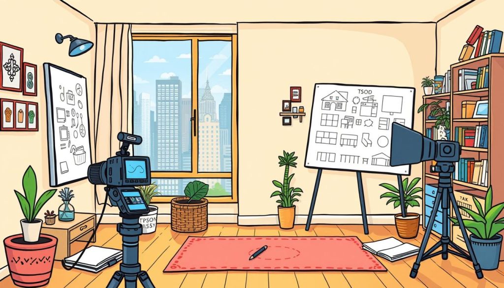 A vibrant, hand-drawn illustration showcasing a cozy home renovation vlog studio. In the foreground, a warm and welcoming workspace with a camera setup, drawing tablet, and an array of design tools. The middle ground features a bookshelf filled with home decor inspiration and a large whiteboard displaying sketches and plans. In the background, an open window offers a view of a bustling city skyline, hinting at the vlogger's burgeoning online presence. The overall scene radiates an atmosphere of creativity, productivity, and a passion for home transformation projects, capturing the essence of a successful home renovation business vlog. A vibrant, hand-drawn illustration showcasing a cozy home renovation vlog studio. In the foreground, a warm and welcoming workspace with a camera setup, drawing tablet, and an array of design tools. The middle ground features a bookshelf filled with home decor inspiration and a large whiteboard displaying sketches and plans. In the background, an open window offers a view of a bustling city skyline, hinting at the vlogger's burgeoning online presence. The overall scene radiates an atmosphere of creativity, productivity, and a passion for home transformation projects, capturing the essence of a successful home renovation business vlog.