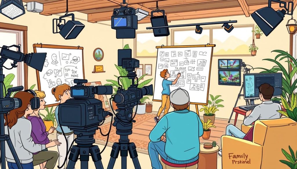A vibrant, hand-drawn scene of a video production studio. In the foreground, a team of animated characters brainstorm ideas, surrounded by video cameras, lighting equipment, and a large whiteboard covered in sketches and notes. In the middle ground, a character operates a professional-grade camera, while others edit footage on computer screens. The background features a cozy, homely setting with potted plants, comfortable furniture, and natural lighting filtering in through large windows. The overall mood is creative, collaborative, and focused, with a touch of whimsy and warmth to capture the essence of video content creation for a family-friendly travel channel.