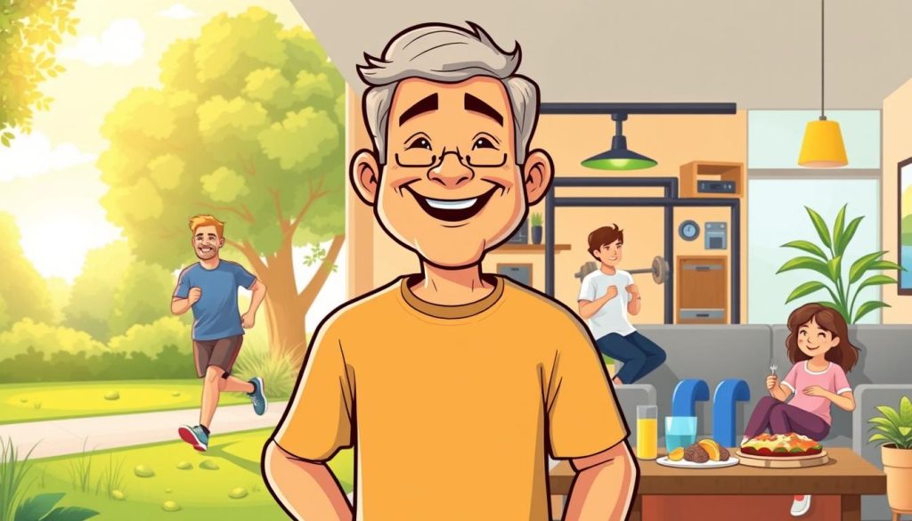 A vibrant illustration of a healthy lifestyle after 40, featuring a cheerful middle-aged man engaging in a variety of activities: jogging in a serene park, lifting weights in a well-equipped home gym, and enjoying a nutritious meal with family. The scene is bathed in warm, natural lighting, conveying a sense of balance, vitality, and contentment. The man's animated, cartoon-like appearance adds a touch of whimsy and approachability, inviting the viewer to imagine themselves embodying this positive, active lifestyle. The background showcases elements of a modern, comfortable home, emphasizing the accessibility and attainability of this healthy way of living.