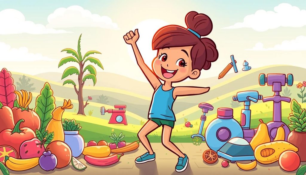 A vibrant illustration showcasing a variety of captivating topics in healthy nutrition and exercise. In the foreground, a cheerful cartoon character engages in a dynamic workout routine, surrounded by an array of colorful, nutritious foods. The middle ground features an intriguing assortment of fitness equipment and wellness tools, each designed with a unique and appealing aesthetic. In the background, a serene, sun-dappled landscape sets the stage, evoking a sense of balance and well-being. The lighting is soft and natural, casting a warm, inviting glow over the entire scene. The overall atmosphere is one of energy, vitality, and a passion for a healthy lifestyle.