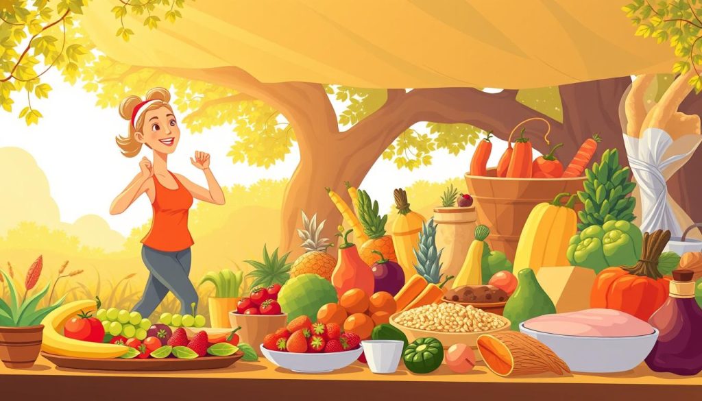 A vibrant illustration showcasing the importance of healthy nutrition in one's 40s. In the foreground, a middle-aged person energetically engaging in physical activity, their body nourished by a balanced, colorful meal. In the middle ground, various nutrient-dense foods like fruits, vegetables, whole grains, and lean proteins are prominently displayed. The background depicts a serene, sun-dappled setting, underscoring the holistic benefits of a healthy lifestyle. The scene is rendered in a whimsical, cartoon-like style, conveying a sense of positivity and approachability. Warm, golden lighting enhances the overall mood, highlighting the vitality and well-being associated with proper nutrition in one's 40s.