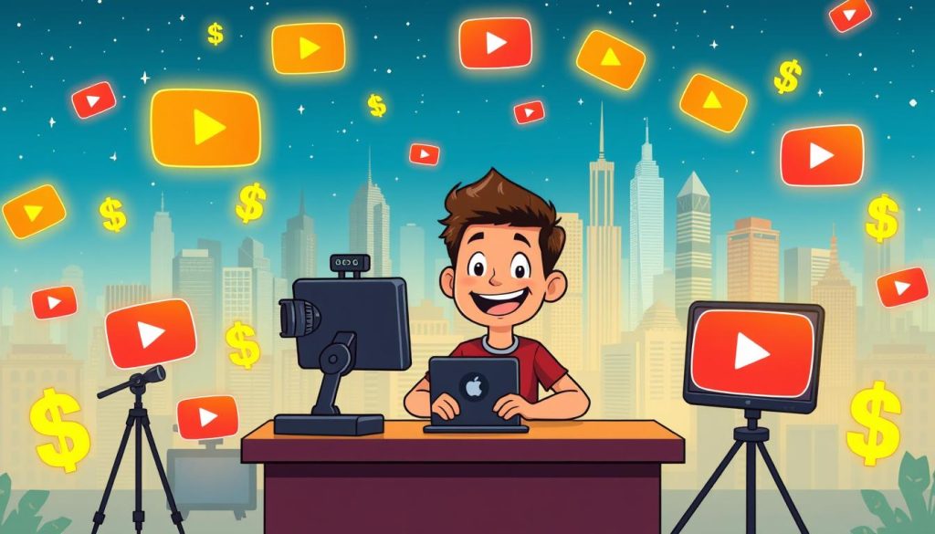 A vibrant illustration showcasing the key requirements for monetizing a YouTube channel. In the foreground, a cheerful animator character sits at a desk, surrounded by glowing dollar signs and YouTube play buttons, symbolizing the potential for earning revenue. The middle ground features an array of content creation tools, such as a video camera, microphone, and editing software, hinting at the necessary skills. In the background, a bustling cityscape represents the vast YouTube ecosystem, with skyscrapers in the shape of YouTube's iconic play button logo. The overall atmosphere is upbeat and aspirational, conveying the exciting opportunities for financial success on the platform.