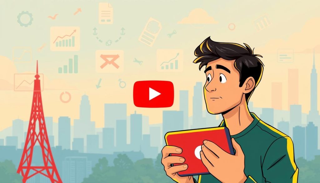 A vibrant illustration showcasing the nuances of YouTube revenue optimization in Iran. In the foreground, a person intently examining the YouTube logo, symbolizing the careful analysis of platform monetization strategies. The middle ground depicts various financial charts and graphs, representing the complexities of revenue generation. The background features a stylized cityscape, hinting at the broader economic landscape within which these digital income streams operate. Soft, warm lighting lends an air of thoughtful contemplation, while the composition's balance and symmetry convey a sense of structure and insight. This visually compelling scene captures the essence of the section on "Critiquing YouTube Income in Iran: Methods and Practical Details".