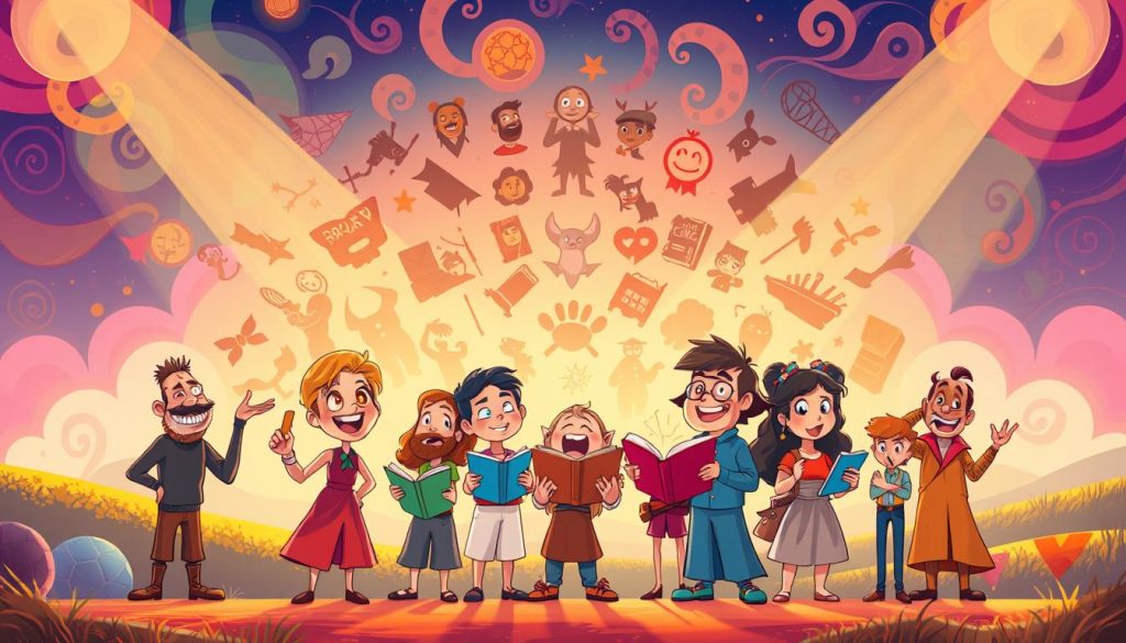 A vibrant, imaginative illustration depicting the diverse narrative techniques in storytelling. In the foreground, a group of animated characters enthusiastically share their tales, each with a unique style and flair. The middle ground showcases a kaleidoscope of narrative devices, from dramatic gestures to whimsical flourishes. In the background, a dreamlike landscape with swirling patterns and rich, saturated colors sets the stage for the captivating narratives. The lighting is warm and inviting, creating a sense of energy and creativity. The overall composition conveys the boundless possibilities and the joy of crafting compelling stories through a variety of narrative approaches.