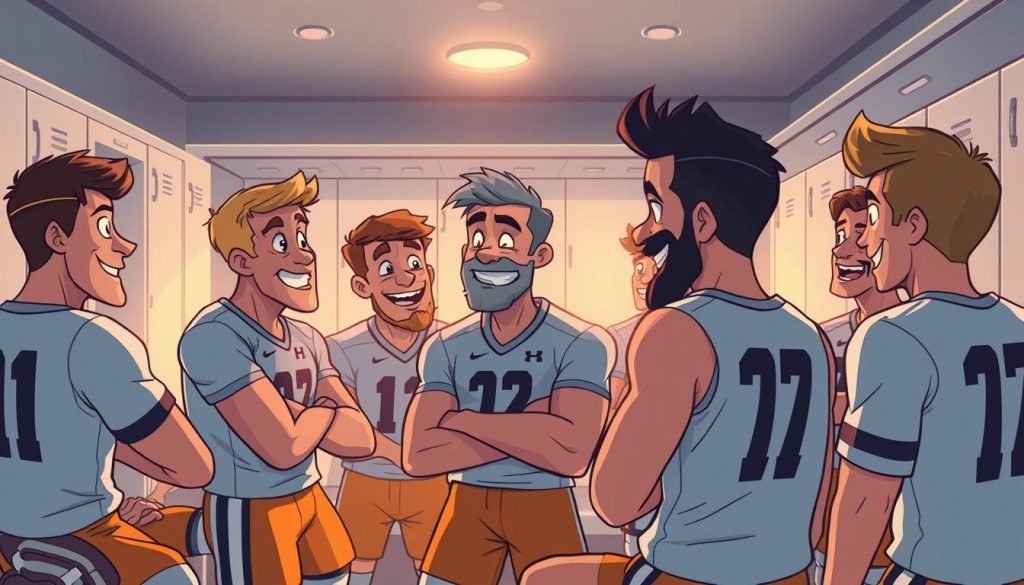 A vibrant locker room scene, with players gathered around, engaged in animated discussions. The space is filled with a sense of camaraderie and shared experiences, as the athletes recount their adventures on the field. Soft, warm lighting illuminates the room, casting a cozy, intimate atmosphere. In the foreground, a group of teammates lean in, their expressions animated as they share a humorous anecdote. In the background, other players unwind, their body language relaxed and comfortable. The overall scene conveys the importance of these locker room moments, where stories are shared, bonds are forged, and the true spirit of the team shines through. A vibrant locker room scene, with players gathered around, engaged in animated discussions. The space is filled with a sense of camaraderie and shared experiences, as the athletes recount their adventures on the field. Soft, warm lighting illuminates the room, casting a cozy, intimate atmosphere. In the foreground, a group of teammates lean in, their expressions animated as they share a humorous anecdote. In the background, other players unwind, their body language relaxed and comfortable. The overall scene conveys the importance of these locker room moments, where stories are shared, bonds are forged, and the true spirit of the team shines through.