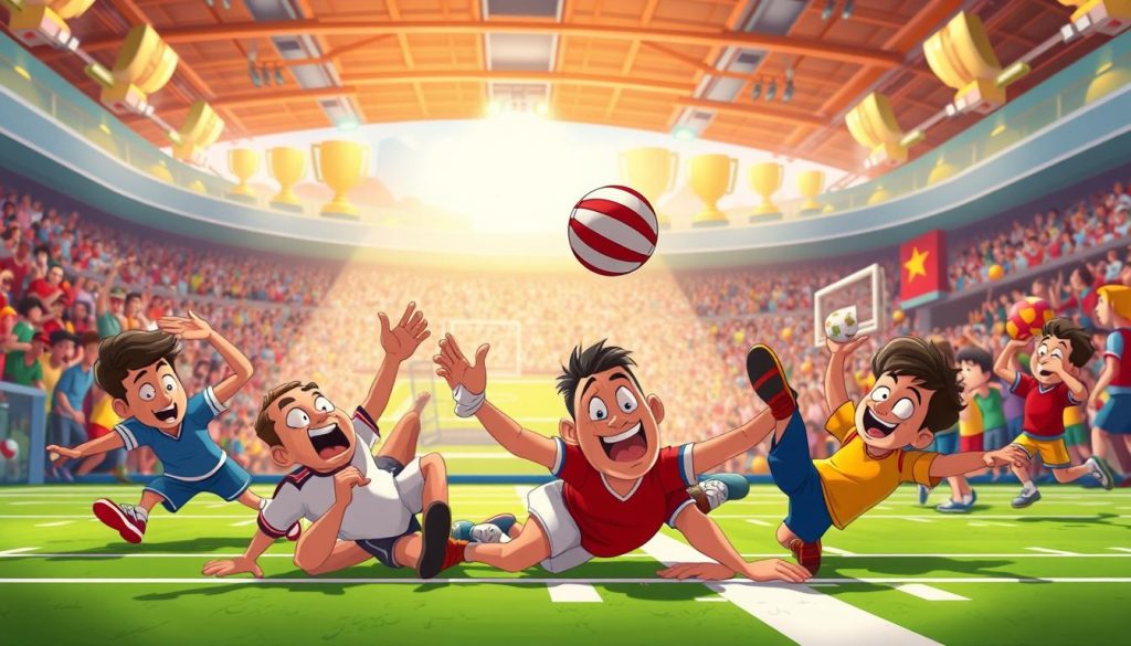 A vibrant, playful scene showcasing the charm and humor of sports bloopers. In the foreground, a group of animated athletes tumble and fumble, their exaggerated expressions and comical poses radiating a sense of slapstick joy. The middle ground features a dynamic, fast-paced sports arena, with the crowd's reactions captured in a lively, cartoonish style. The background is a colorful, stylized landscape, with playful nods to the world of sports, such as giant trophies or oversized equipment. The lighting is bright and whimsical, casting a warm, inviting glow over the entire scene. The overall mood is one of lighthearted entertainment, where the appeal of sports mishaps is celebrated with a touch of cartoon-inspired flair. A vibrant, playful scene showcasing the charm and humor of sports bloopers. In the foreground, a group of animated athletes tumble and fumble, their exaggerated expressions and comical poses radiating a sense of slapstick joy. The middle ground features a dynamic, fast-paced sports arena, with the crowd's reactions captured in a lively, cartoonish style. The background is a colorful, stylized landscape, with playful nods to the world of sports, such as giant trophies or oversized equipment. The lighting is bright and whimsical, casting a warm, inviting glow over the entire scene. The overall mood is one of lighthearted entertainment, where the appeal of sports mishaps is celebrated with a touch of cartoon-inspired flair.