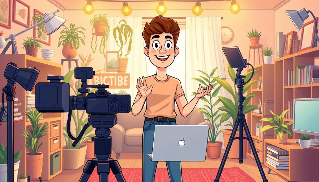 A vibrant scene of a successful YouTube vlogger, surrounded by the tools of their trade - a high-quality camera, a sleek laptop, and an array of lighting equipment. The vlogger stands confidently, gesturing as they share their daily experiences and insights with a captivated virtual audience. The background is a cozy, well-appointed home studio, filled with plants, bookshelves, and personal mementos that reflect the vlogger's personality. Warm, golden lighting bathes the scene, creating a sense of professionalism and inspiration. The overall mood is one of triumph, as the vlogger's hard work and dedication have led to a thriving YouTube channel and a fulfilling creative journey.