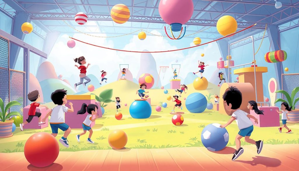 A vibrant scene of creative and engaging physical challenges, set against a playful, cartoon-inspired backdrop. In the foreground, a group of lively characters participate in a variety of athletic activities, including leaping over obstacles, balancing on precarious platforms, and engaging in friendly competitions. The middle ground features a dynamic landscape, with colorful, whimsical elements like giant bouncing balls, swinging ropes, and tilting platforms that add an element of playful unpredictability to the challenges. The background is filled with a dreamlike, imaginative setting, perhaps a fantastical gymnasium or an outdoor adventure park, complete with quirky, exaggerated architectural features and a sense of boundless energy and enthusiasm. The overall mood is one of joy, excitement, and a lighthearted approach to physical activity, capturing the essence of "ایده‌های خلاقانه برای چالش‌های ورزشی".
