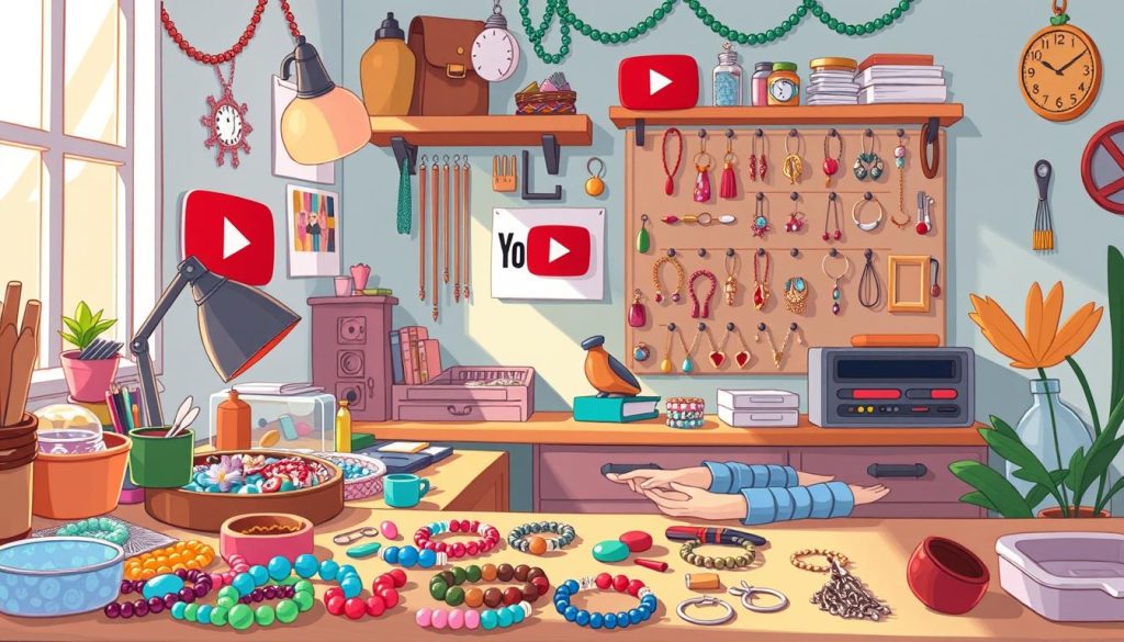 A vibrant, whimsical illustration depicting a YouTuber's creative workspace for an online jewelry business. In the foreground, a young person sits at a desk, intently focused on crafting delicate handmade jewelry pieces. The middle ground showcases an array of colorful beads, gemstones, and tools of the trade, arranged with an artistic flair. In the background, a wall-mounted display showcases the finished jewelry products, complemented by a playful, cartoon-inspired YouTube logo. The scene is bathed in warm, natural lighting, creating a cozy, inviting atmosphere conducive to the YouTuber's creative process and online business endeavors.