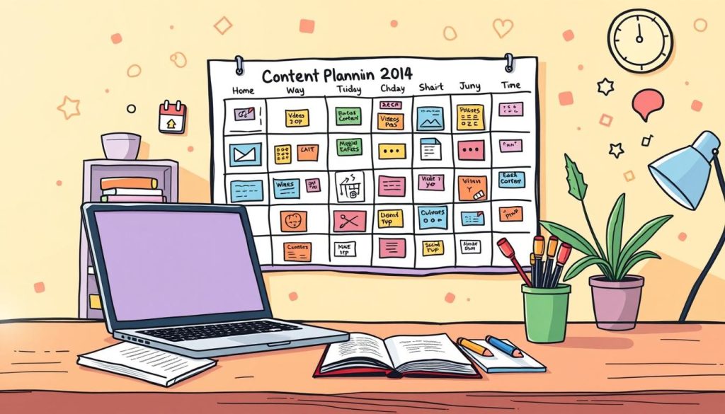 A vibrant, whimsical illustration depicting a content planning calendar. The foreground features a desk with a laptop, notebook, and writing utensils, all in a playful, cartoon-like style. The middle ground showcases a large wall calendar with colorful, hand-drawn icons representing different content types - videos, blog posts, social media updates. The background has a warm, cheerful atmosphere with sketched shapes and patterns, creating a dynamic and creative workspace. Soft, diffused lighting casts a gentle glow, emphasizing the thoughtful, organized nature of the content planning process. A vibrant, whimsical illustration depicting a content planning calendar. The foreground features a desk with a laptop, notebook, and writing utensils, all in a playful, cartoon-like style. The middle ground showcases a large wall calendar with colorful, hand-drawn icons representing different content types - videos, blog posts, social media updates. The background has a warm, cheerful atmosphere with sketched shapes and patterns, creating a dynamic and creative workspace. Soft, diffused lighting casts a gentle glow, emphasizing the thoughtful, organized nature of the content planning process.