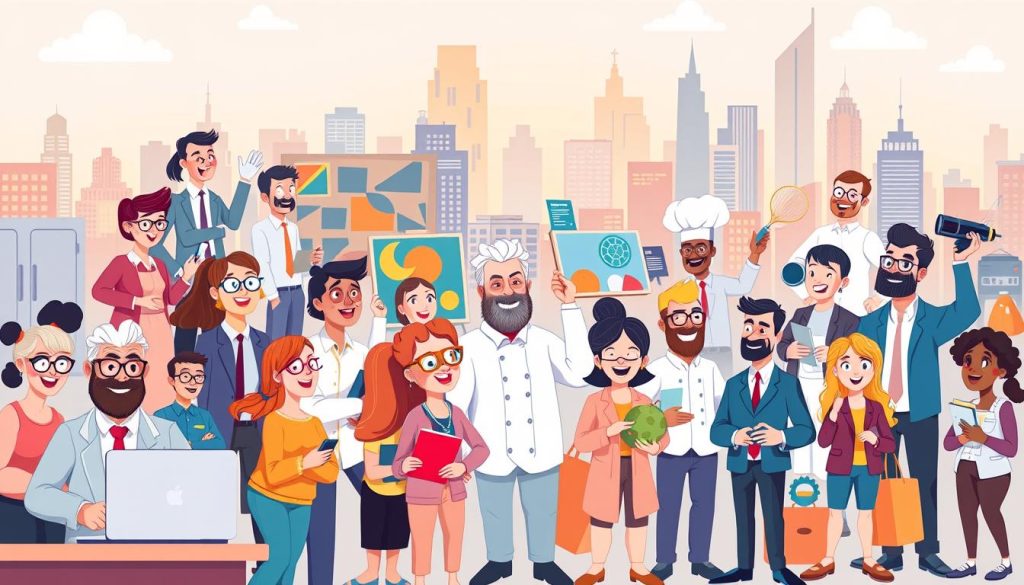 A vibrant, whimsical illustration depicting a diverse group of professionals aged 40 and above, each showcasing a unique skill or talent. The foreground features a dynamic cast of characters in a variety of dynamic poses, from an experienced programmer coding on a laptop to a seasoned entrepreneur pitching an innovative business plan. The middle ground showcases a range of creative and technical pursuits, such as an artist painting a vibrant mural, a chef preparing a delectable dish, and an inventor tinkering with a groundbreaking new invention. The background is a bustling city skyline, hinting at the endless possibilities and opportunities available to those who embrace their skills and experience. The overall mood is one of energy, optimism, and the endless potential of the 40+ workforce.