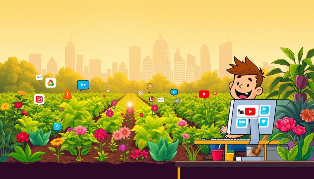 A vibrant, whimsical illustration of a YouTuber's journey to monetization. In the foreground, a cheerful, cartoon-style character sits at a computer, surrounded by colorful icons and tools representing the various aspects of YouTube content creation and analytics. In the middle ground, a thriving garden of lush plants and blooming flowers symbolizes the growth and nurturing of the YouTube channel. The background features a stylized city skyline, hinting at the broader reach and impact of the YouTuber's work. The scene is bathed in a warm, golden light, conveying a sense of positivity and opportunity. The overall composition captures the excitement and potential of building a successful YouTube channel, particularly in the gardening and plant-based content space. A vibrant, whimsical illustration of a YouTuber's journey to monetization. In the foreground, a cheerful, cartoon-style character sits at a computer, surrounded by colorful icons and tools representing the various aspects of YouTube content creation and analytics. In the middle ground, a thriving garden of lush plants and blooming flowers symbolizes the growth and nurturing of the YouTube channel. The background features a stylized city skyline, hinting at the broader reach and impact of the YouTuber's work. The scene is bathed in a warm, golden light, conveying a sense of positivity and opportunity. The overall composition captures the excitement and potential of building a successful YouTube channel, particularly in the gardening and plant-based content space.