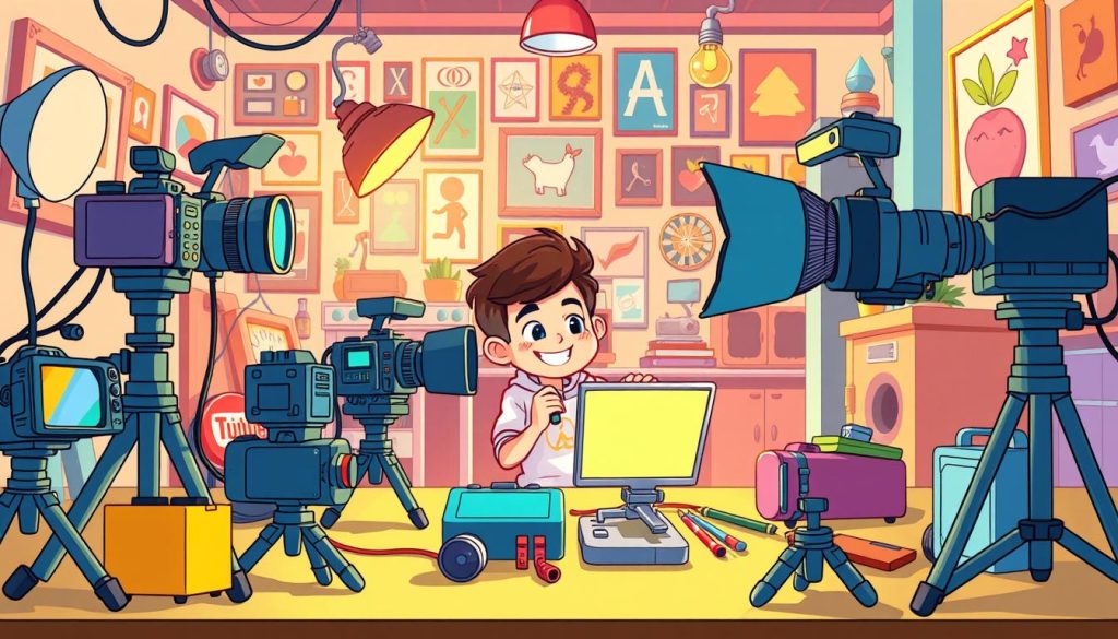 A vibrant, whimsical illustration of a YouTuber's video production setup. In the foreground, a colorful array of cameras, lighting, and audio equipment, arranged with care and creativity. In the middle ground, a playful character, perhaps the YouTuber themselves, tinkering with the gear, their expression one of concentration and joy. The background features a cozy, art-filled studio space, hinting at the personal touch and passion behind the content creation. The scene is bathed in warm, inviting lighting, conveying a sense of creativity, productivity, and the delight of making something unique.