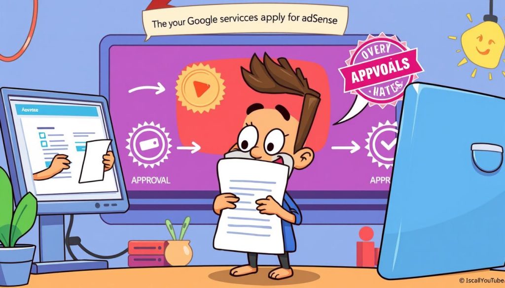 A vibrant, whimsical illustration of the steps involved in applying for AdSense services. In the foreground, a cheerful, animated character navigates through an intuitive user interface, carefully filling out forms and submitting their application. The middle ground showcases the approval process, with colorful approval stamps and icons denoting each stage. In the background, a stylized representation of the YouTube platform provides context, hinting at the ultimate goal of monetizing video content. The overall scene conveys a sense of excitement and achievement, capturing the anticipation of a small business owner exploring new revenue streams.