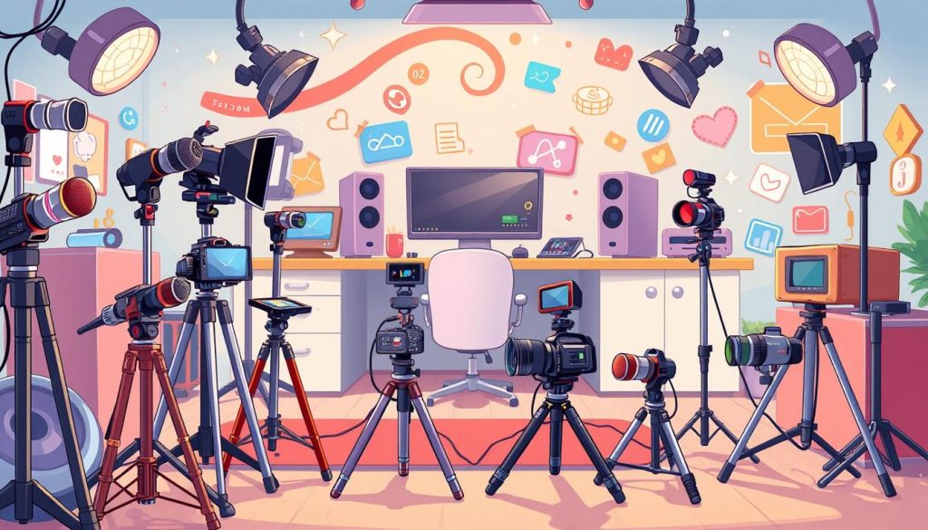 A vibrant, whimsical scene depicting a variety of video production equipment in a cartoon-style illustration. In the foreground, a colorful array of microphones, cameras, tripods, and lighting fixtures are arranged creatively. The middle ground showcases a dynamic video editing workstation with a computer, monitor, and other peripheral devices. In the background, a lively, stylized setting with imaginative elements like swirling graphics, playful icons, and a charming color palette. The overall mood is one of creativity, inspiration, and excitement, capturing the essence of video production for storytelling and memory-sharing.