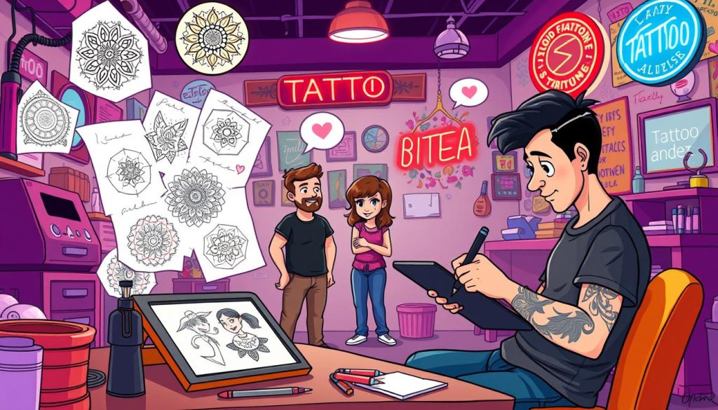 A vibrant, whimsical scene depicting various content ideas for a tattoo artist's YouTube channel. In the foreground, a tattoo artist sketches designs on a tablet, surrounded by swirling inspiration - sketches of intricate mandala patterns, bold geometric shapes, and delicate floral motifs. In the middle ground, a trio of cartoon characters - a cheerful client, a pensive artist, and a curious onlooker - engage in lively discussion. The background is a stylized representation of a tattoo studio, with tools of the trade, neon signs, and a colorful mural adorning the walls. The overall mood is energetic and creative, capturing the essence of a thriving tattoo artist's content universe.