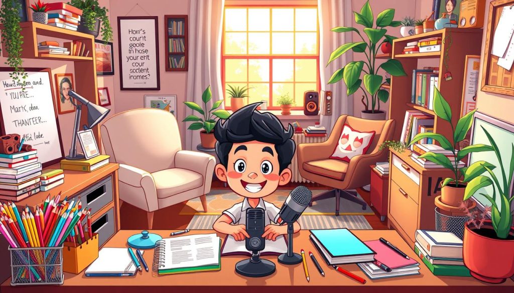 A vibrant, whimsical scene of a content creator's workspace. In the foreground, a cheerful cartoon character sits at a stylish desk, surrounded by a variety of colorful pens, notebooks, and a retro microphone. The middle ground features a mix of modern and vintage office decor, including a cozy armchair, a framed inspirational quote, and a leafy potted plant. The background showcases a warm, sun-dappled window, hinting at the creativity and focus that fills the space. The overall mood is one of organized chaos, brimming with productivity and imagination.
