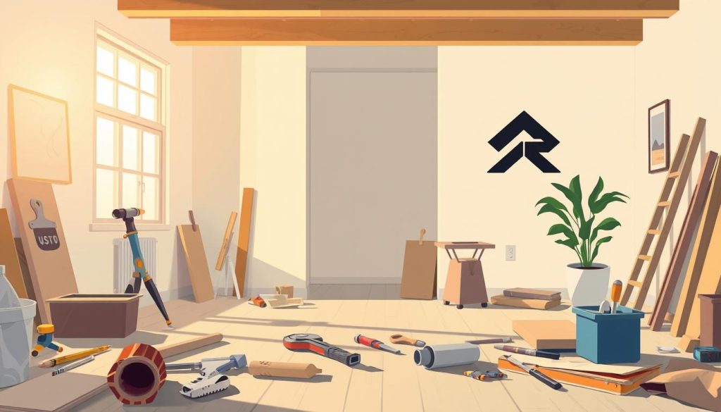 A visually captivating scene of a home renovation project, illuminated by warm natural lighting. In the foreground, various tools and materials are artfully arranged, suggesting the progress of the work. The middle ground showcases a partially completed room, with clean lines and a sense of unfolding transformation. In the background, a sleek, modern logo stands as a symbolic representation of the project's identity, seamlessly integrated into the scene. The overall mood is one of purposeful creativity, inviting the viewer to immerse themselves in the journey of the renovation.