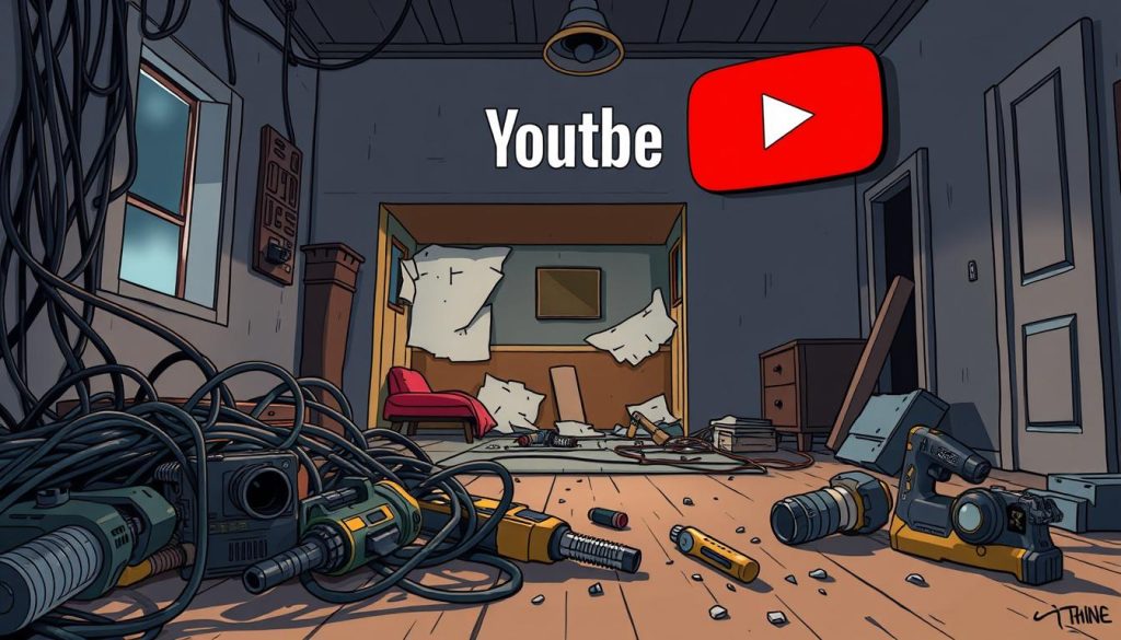 A visually striking scene depicting the common pitfalls of YouTube home renovation projects. In the foreground, a jumble of tangled video cables and discarded power tools symbolizes the technical complexities often overlooked. The middle ground features a half-finished home interior, with slapdash drywall and mismatched flooring, illustrating the challenges of DIY construction. In the background, the YouTube logo looms ominously, a constant reminder of the platform's power to both enable and constrain creativity. Dramatic chiaroscuro lighting casts dramatic shadows, evoking a sense of foreboding. The overall mood is one of cautionary tale, where ambition collides with inexperience, and the path to success is fraught with peril.