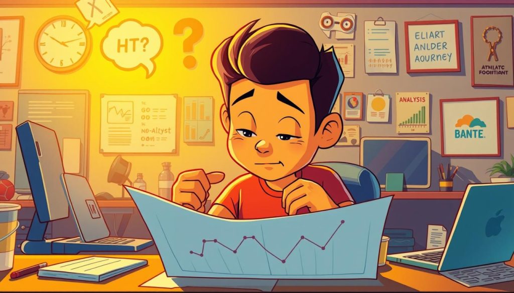 A vivid, dynamic illustration of "تحلیل و بازخورد", depicting a cartoon character intently examining a graph or chart, surrounded by thoughtful expressions and analysis tools. Warm, vibrant lighting illuminates the scene, creating an atmosphere of focused introspection and self-evaluation. The character is positioned in the foreground, while a backdrop of office supplies, laptops, and motivational imagery fills the middle and background, suggesting a productive, goal-oriented environment. The overall mood conveys the importance of carefully assessing one's performance and progress, essential for a successful athletic journey.