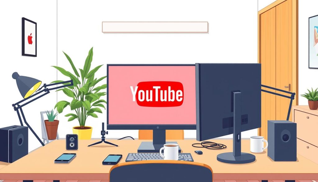 A warm, inviting home office setup with a modern, minimal aesthetic. In the foreground, a sleek desktop computer with the YouTube logo prominently displayed. Surrounding it, an array of devices and accessories - a smartphone, tablet, and high-quality microphone and webcam, all neatly arranged. The middle ground features a comfortable office chair and a well-organized desk, with a cozy houseplant and a mug of hot coffee adding a touch of personality. The background showcases a bright, airy room with clean white walls and warm wooden accents, creating a productive and engaging environment for a successful YouTube content creator.