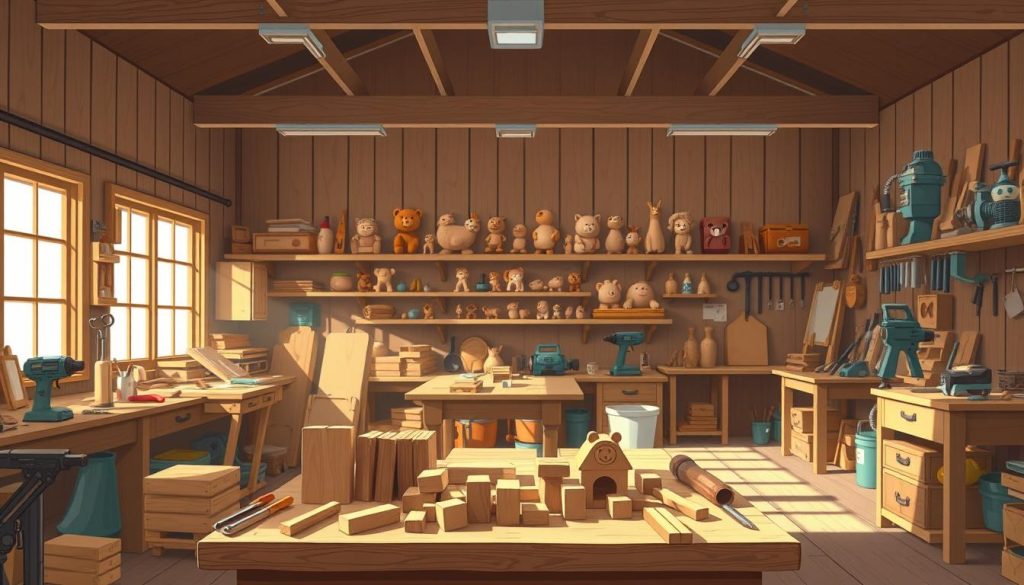 A well-lit, spacious woodworking workshop with a variety of power tools, hand tools, and workbenches. Soft natural light filters through large windows, casting warm shadows across the space. The foreground features a central workbench with an assortment of wooden blocks, carving tools, and a detailed, hand-crafted wooden toy. In the middle ground, shelves display an array of whimsical, cartoon-inspired wooden creations. The background showcases the workshop's cozy, rustic ambiance, with exposed beams, wooden paneling, and a sense of organized chaos that evokes a creative, productive atmosphere.