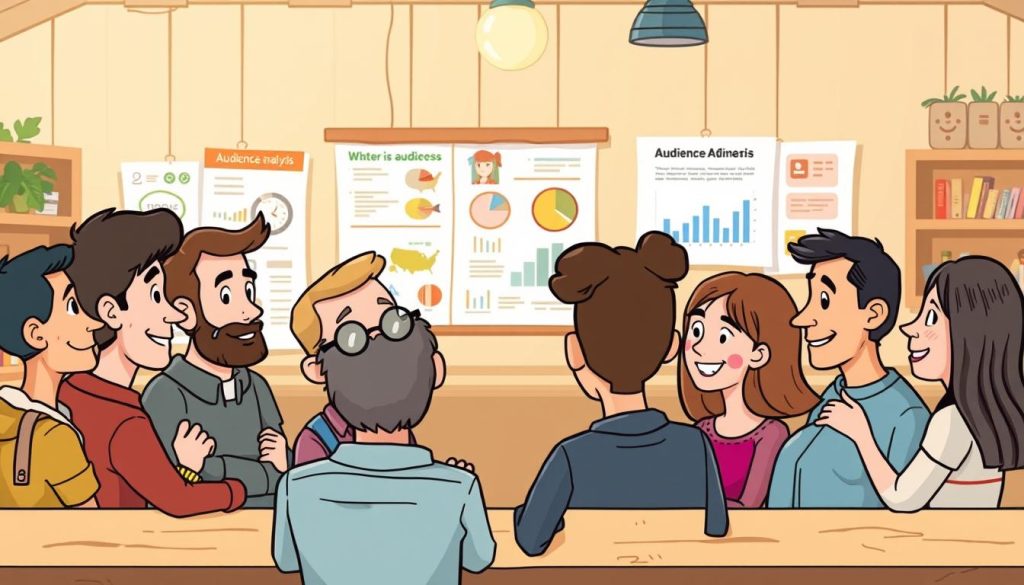 A whimsical and insightful illustration of audience analysis, showcasing a group of colorful cartoon characters engaged in thoughtful discussion. The foreground features a team of diverse individuals, each with unique expressions and body language, representing the target audience. The middle ground depicts visual aids and data visualizations, guiding the audience's understanding. The background sets a warm, inviting atmosphere with soft lighting and a cozy, wooden studio setting, reflecting the article's focus on DIY woodworking projects. The overall mood is one of collaboration, curiosity, and a deep understanding of the target audience's needs and preferences.