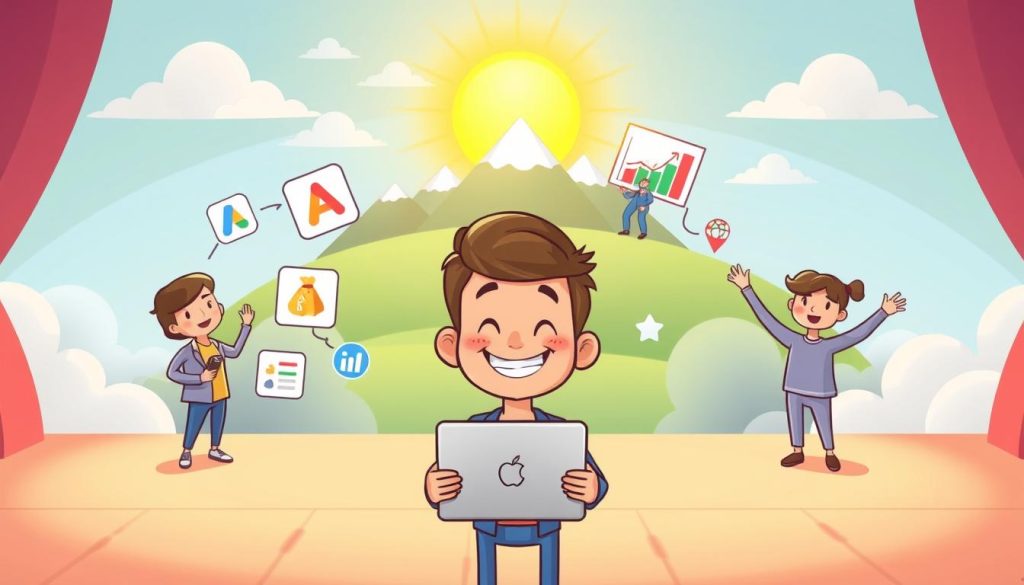 A whimsical cartoon illustration depicting the process of applying for Adsense monetization. In the foreground, a smiling character holds a laptop, surrounded by icons representing the Adsense application and approval steps. In the middle ground, other characters celebrate their successful Adsense integration, with colorful charts and graphs indicating growing revenue streams. The background features a vibrant, stylized landscape with clouds, mountains, and a sun shining brightly, conveying a sense of optimism and prosperity. The lighting is soft and warm, creating a welcoming and accessible atmosphere. The overall tone is playful and inviting, encouraging the viewer to explore the joys of Adsense monetization.