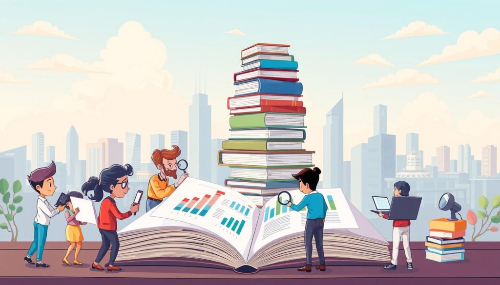 A whimsical cartoon illustration depicting the process of "content analysis and statistical data". In the foreground, a group of colorful, animated characters are gathered around a large, open book, examining charts, graphs and spreadsheets with magnifying glasses and laptops. In the middle ground, a towering stack of books and papers is balanced precariously, suggesting the wealth of information being analyzed. The background features a stylized cityscape, with skyscrapers and clouds, conveying a sense of technology and progress. The overall scene is vibrant, playful and dynamic, capturing the essence of continuous content improvement.