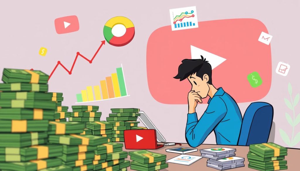 A whimsical cartoon illustration of a YouTuber analyzing their income stream. In the foreground, the YouTuber sits at a desk surrounded by stacks of money and charts, deep in thought. In the middle ground, colorful graphs and pie charts float and dance, illustrating the data points the YouTuber is examining. The background features a stylized YouTube logo and playful icons representing different monetization methods. The overall scene conveys a sense of careful consideration, with the YouTuber using their analytical skills to understand and optimize their YouTube earnings.