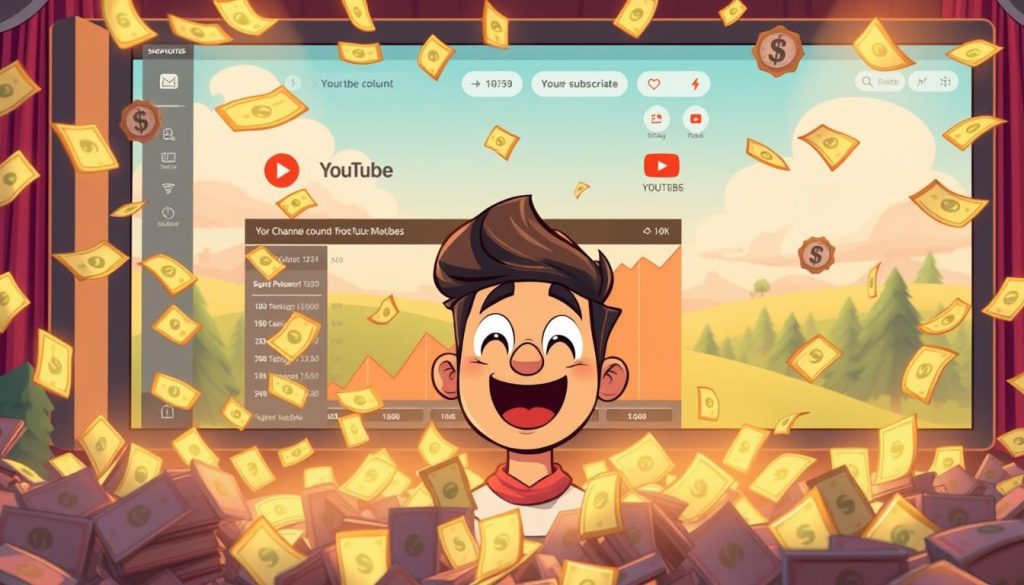 A whimsical cartoon scene depicting the lucrative world of YouTube monetization. In the foreground, a friendly YouTuber surrounded by a shower of dollar bills, their face alight with excitement as they track their growing subscriber count. In the middle ground, an animated graph charting their channel's steady income rise, accompanied by vibrant icons representing the various revenue streams. In the background, a stylized YouTube interface, complete with playful icons and a dreamy, pastel-hued landscape, conveying the sense of opportunity and potential that the platform offers. Warm, soft lighting illuminates the scene, creating a cheerful, aspirational atmosphere.