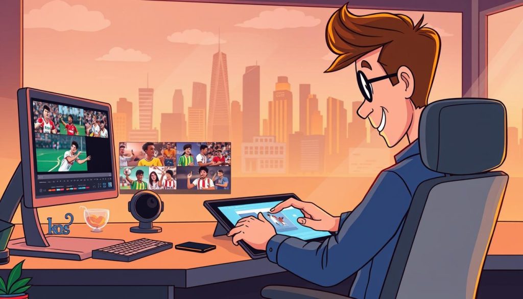 A whimsical cartoon scene depicting the process of video editing. In the foreground, a talented animator sits at a sleek, high-tech workstation, fingers flying across a digital tablet as they meticulously refine a dynamic sequence of footage. The middle ground showcases a collage of vibrant, expressive video clips - sports highlights, reactions, and more - waiting to be skillfully assembled. In the background, a stylized city skyline with towering skyscrapers provides a modern, urban backdrop, hinting at the professional, polished quality of the end product. Warm, saturated lighting casts a creative glow over the entire scene, conveying the passion and expertise required to craft impactful video content.