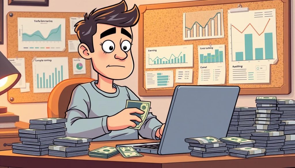 A whimsical cartoon scene of a YouTuber sitting at a desk, surrounded by stacks of dollar bills and a laptop, meticulously analyzing their channel's earnings. The YouTuber's expression is one of deep contemplation, brow furrowed as they review the numbers. In the background, a cork board displays graphs and charts tracking the channel's performance. The lighting is soft and warm, creating a cozy, introspective atmosphere. The overall composition conveys the YouTuber's thoughtful and diligent approach to understanding and managing their channel's financial aspects.