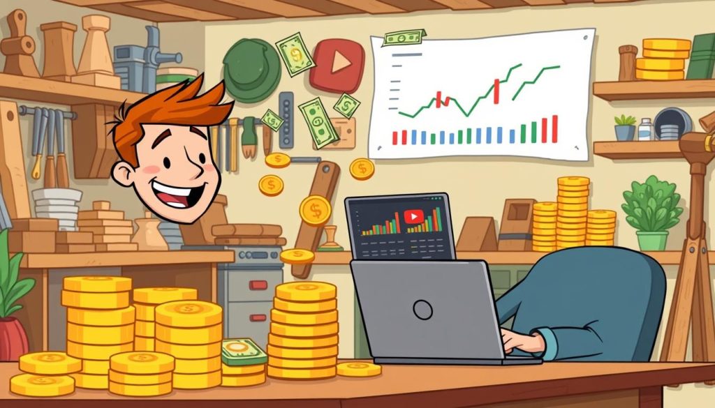 A whimsical, cartoon-style illustration depicting the calculation of YouTube income. In the foreground, a cheerful YouTuber sits at a desk, surrounded by colorful charts, graphs, and a laptop displaying YouTube analytics. In the middle ground, stacks of gold coins and dollar bills flow in, representing the revenue generated from the channel's videos. The background features a cozy, workshop-like setting, with shelves of woodworking tools and materials, hinting at the channel's focus on carpentry and DIY projects. The overall scene conveys a sense of excitement and financial success, capturing the essence of the section on estimating YouTube earnings.